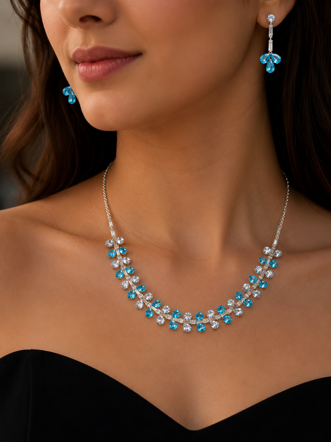 Azure Cascade Crystal Jewellery Set | Blue & White Crystal Necklace with Drop Earrings | Silver Finish