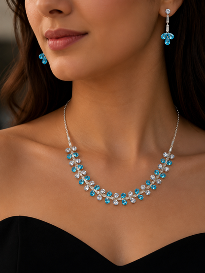 Azure Cascade Crystal Jewellery Set | Blue & White Crystal Necklace with Drop Earrings | Silver Finish