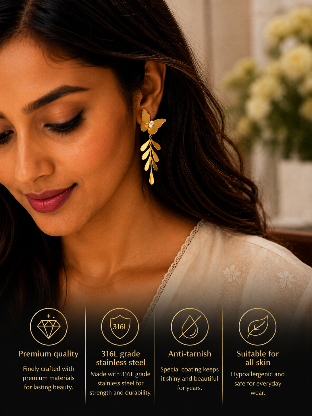 Swarique Pankhuri Butterfly Leaf Crystal Drop Earrings