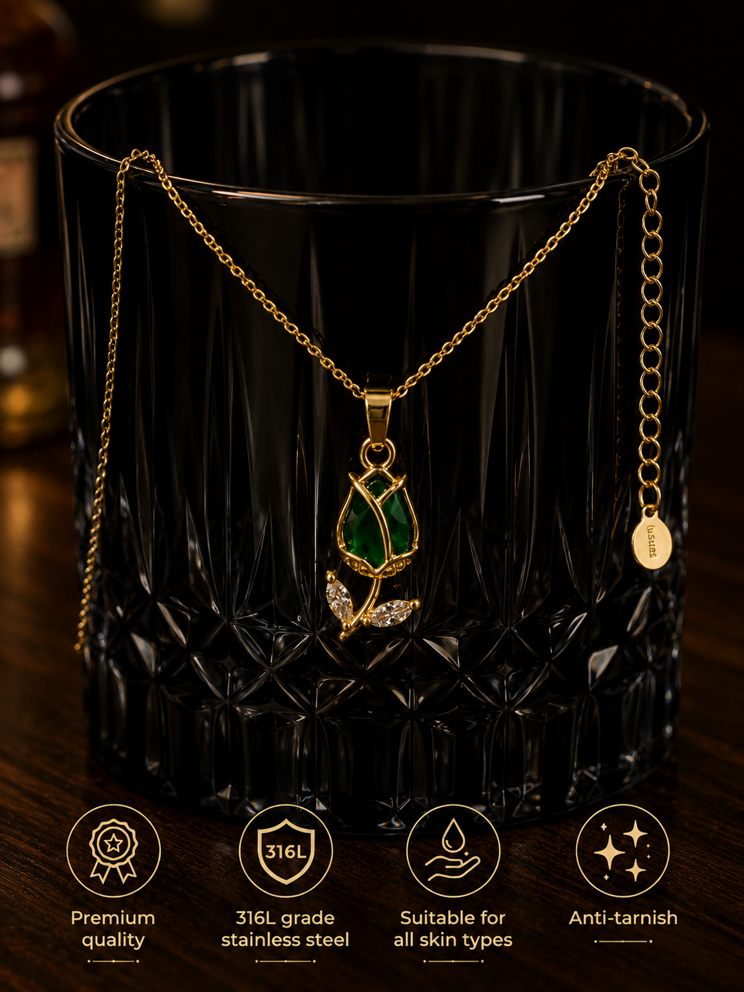 Swarique Panna Pushp Gold Rose Pendant Necklace | 316L Stainless Steel Anti-Tarnish Necklace