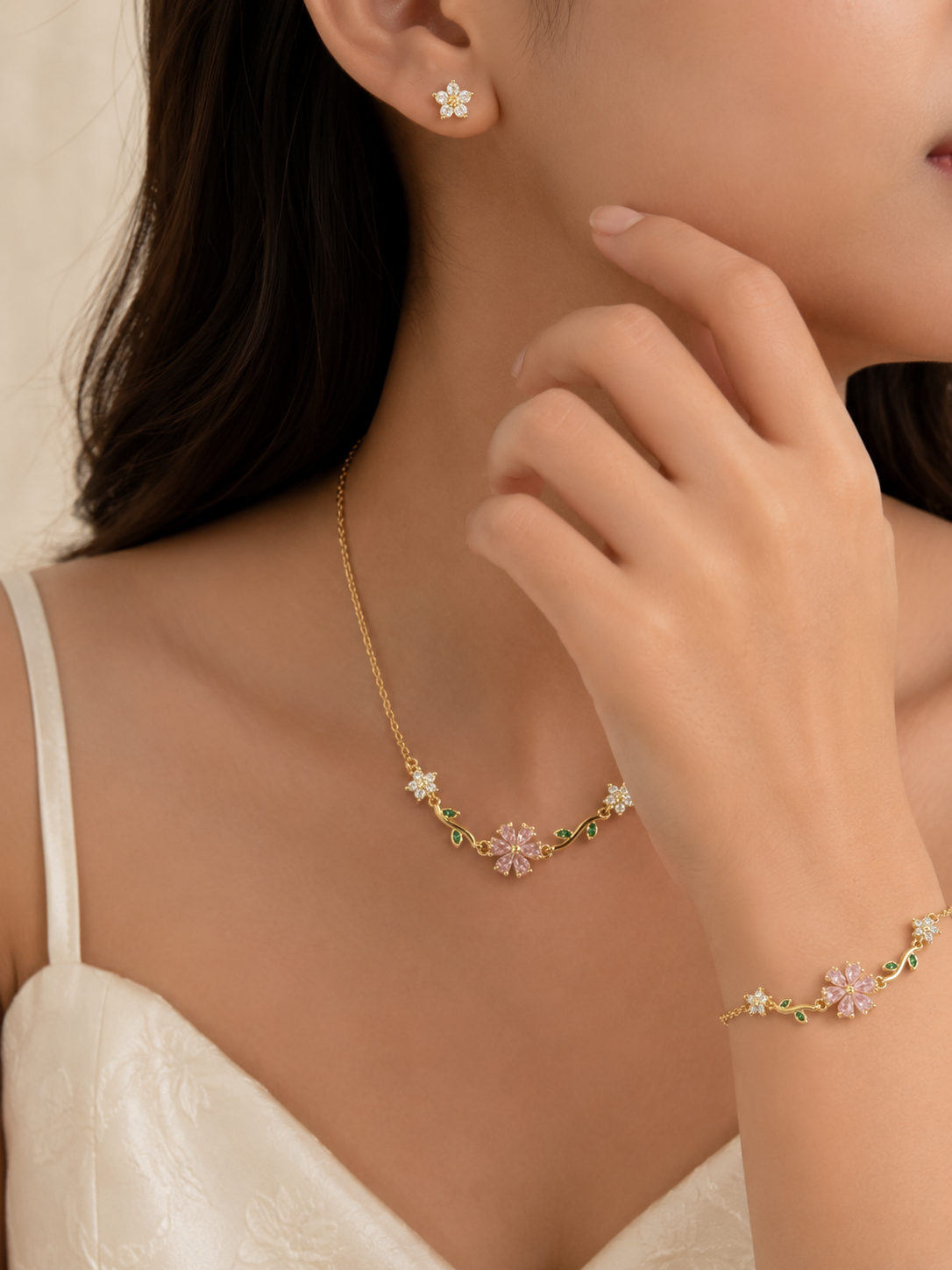 Swarique Bloom Floral Jewellery Set | Pink Crystal Necklace, Bracelet & Stud Earrings | Gold Finish