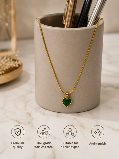 Swarique Hriday Emerald Heart Pendant Necklace | Gold Stainless Steel Anti-Tarnish Chain