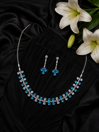 Azure Cascade Crystal Jewellery Set | Blue & White Crystal Necklace with Drop Earrings | Silver Finish