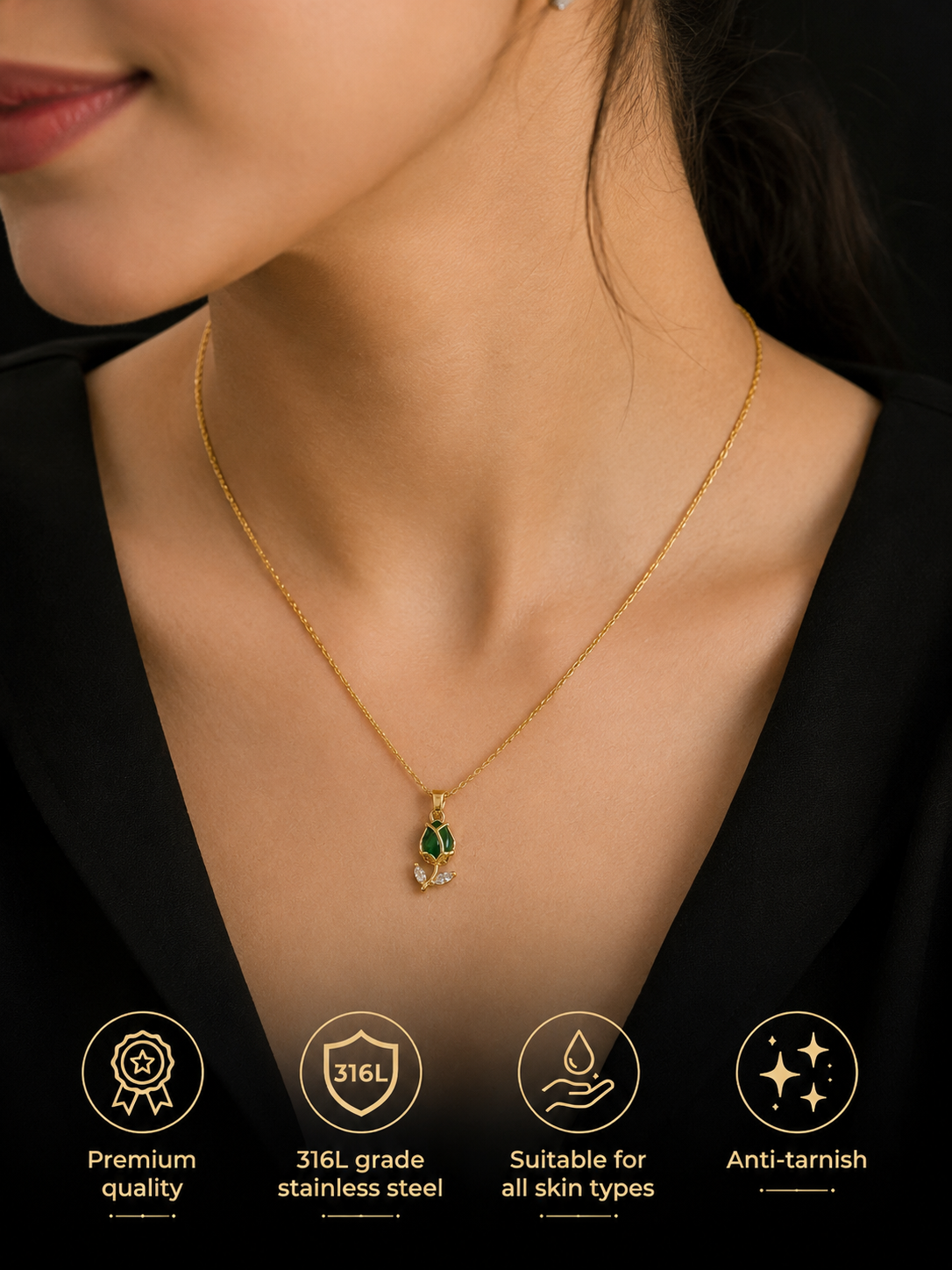 Swarique Panna Pushp Gold Rose Pendant Necklace | 316L Stainless Steel Anti-Tarnish Necklace