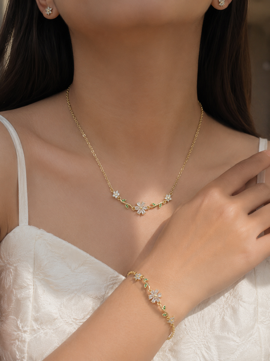 Swarique Bloom Floral Jewellery Set | White Crystal Necklace, Bracelet & Stud Earrings | Gold Finish
