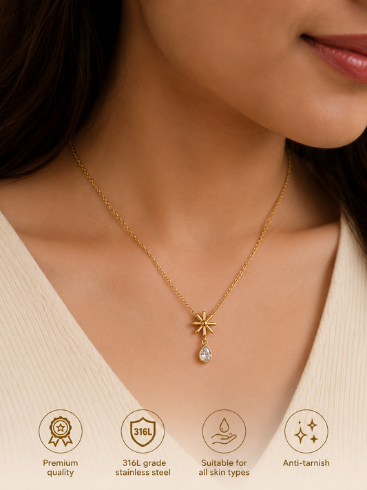 Swarique Surya Pushp Drop Pendant Necklace | 316L Stainless Steel Anti-Tarnish Gold Necklace