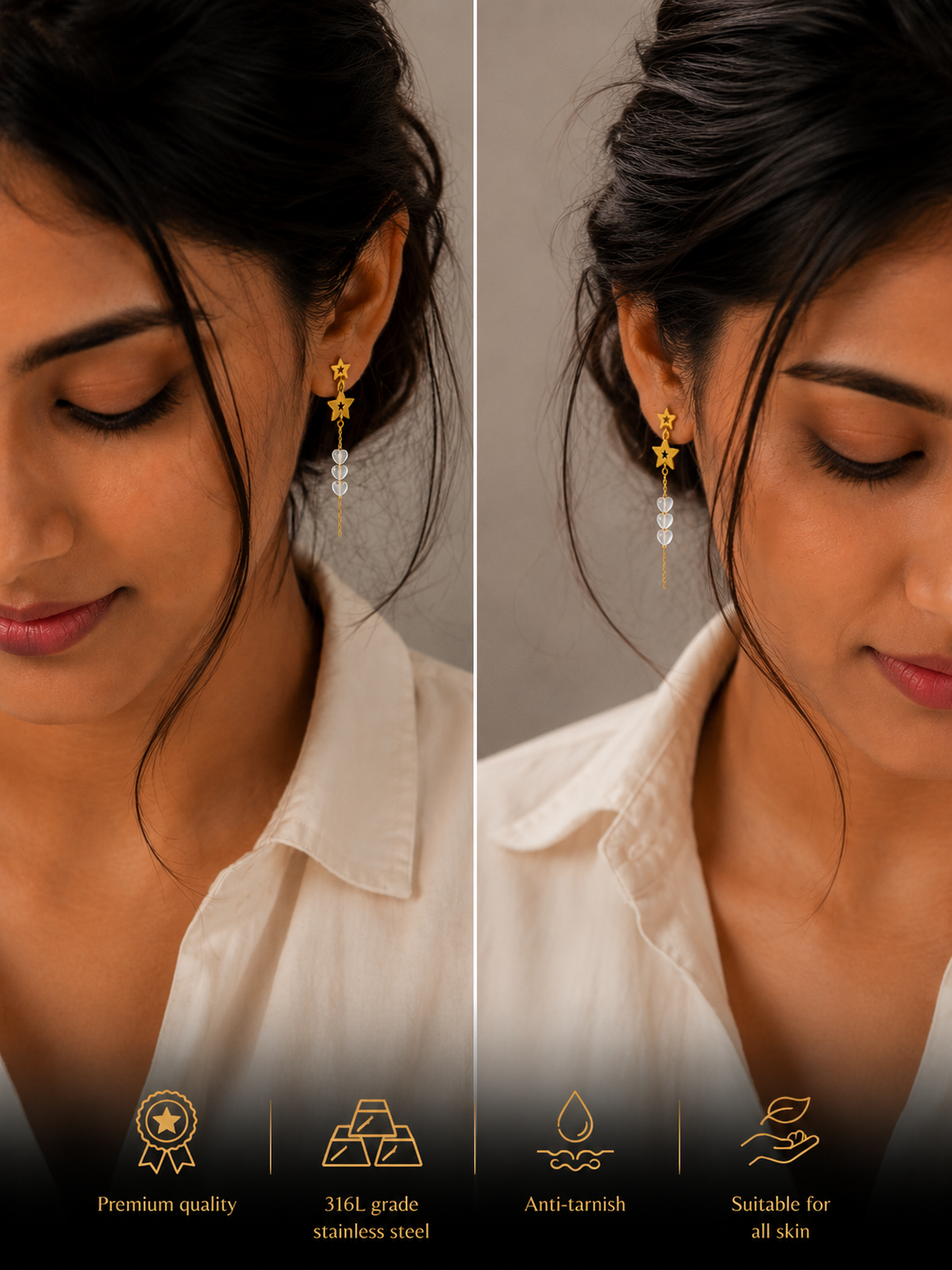 Swarique Star Heart Long Drop Earrings