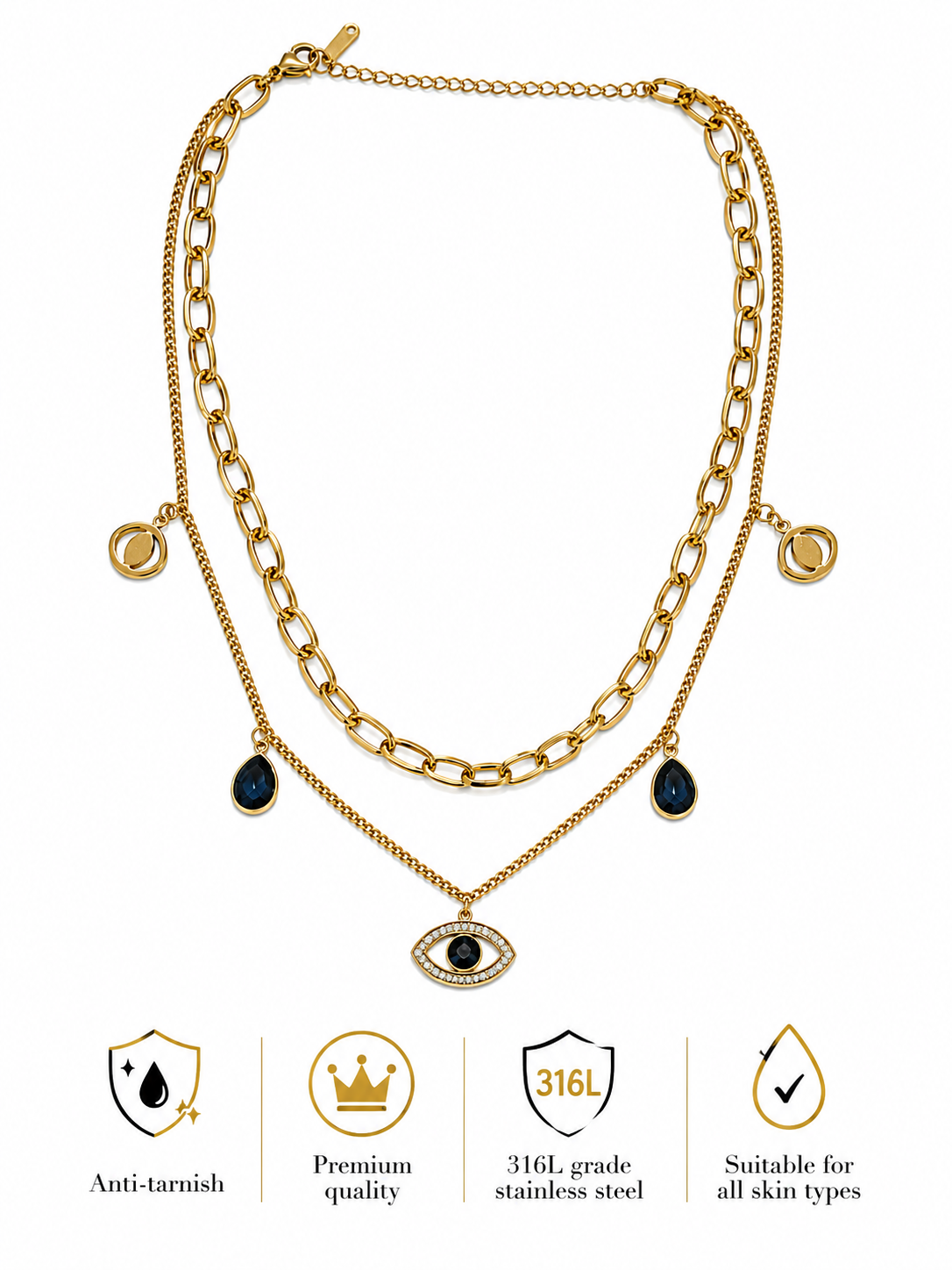 Nazar Layered Evil Eye Necklace | 316L Stainless Steel Gold-Tone Anti-Tarnish Necklace for Women