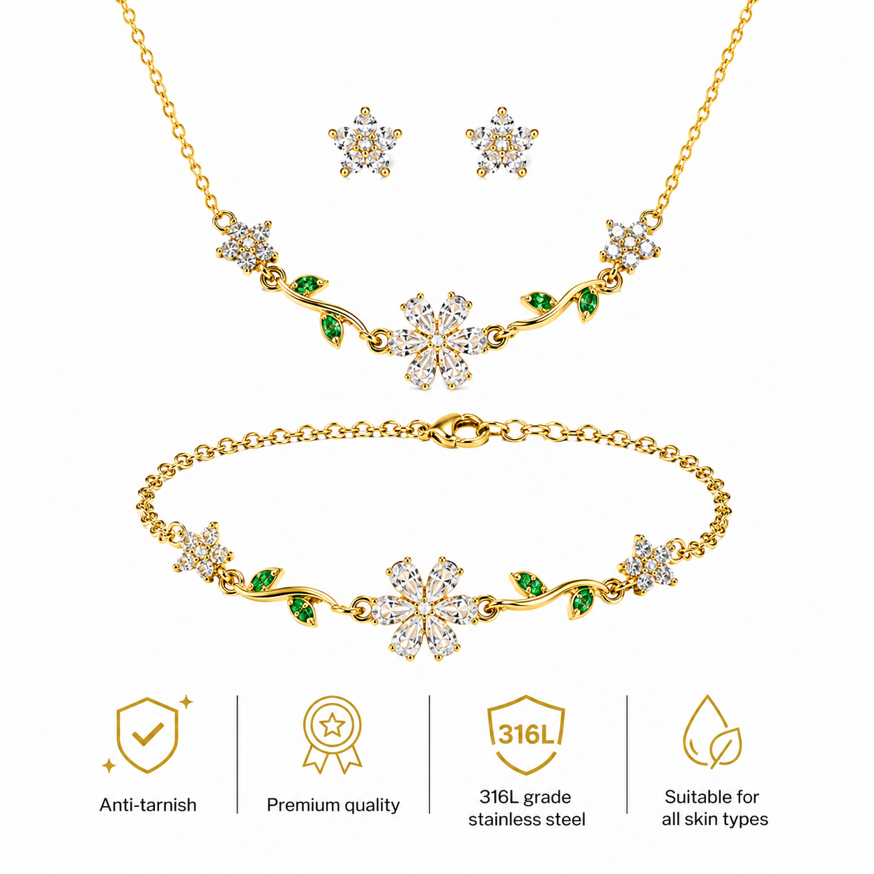 Swarique Bloom Floral Jewellery Set | White Crystal Necklace, Bracelet & Stud Earrings | Gold Finish