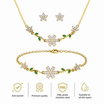 Swarique Bloom Floral Jewellery Set | White Crystal Necklace, Bracelet & Stud Earrings | Gold Finish