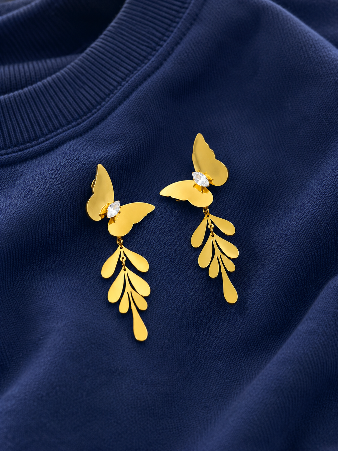 Swarique Pankhuri Butterfly Leaf Crystal Drop Earrings