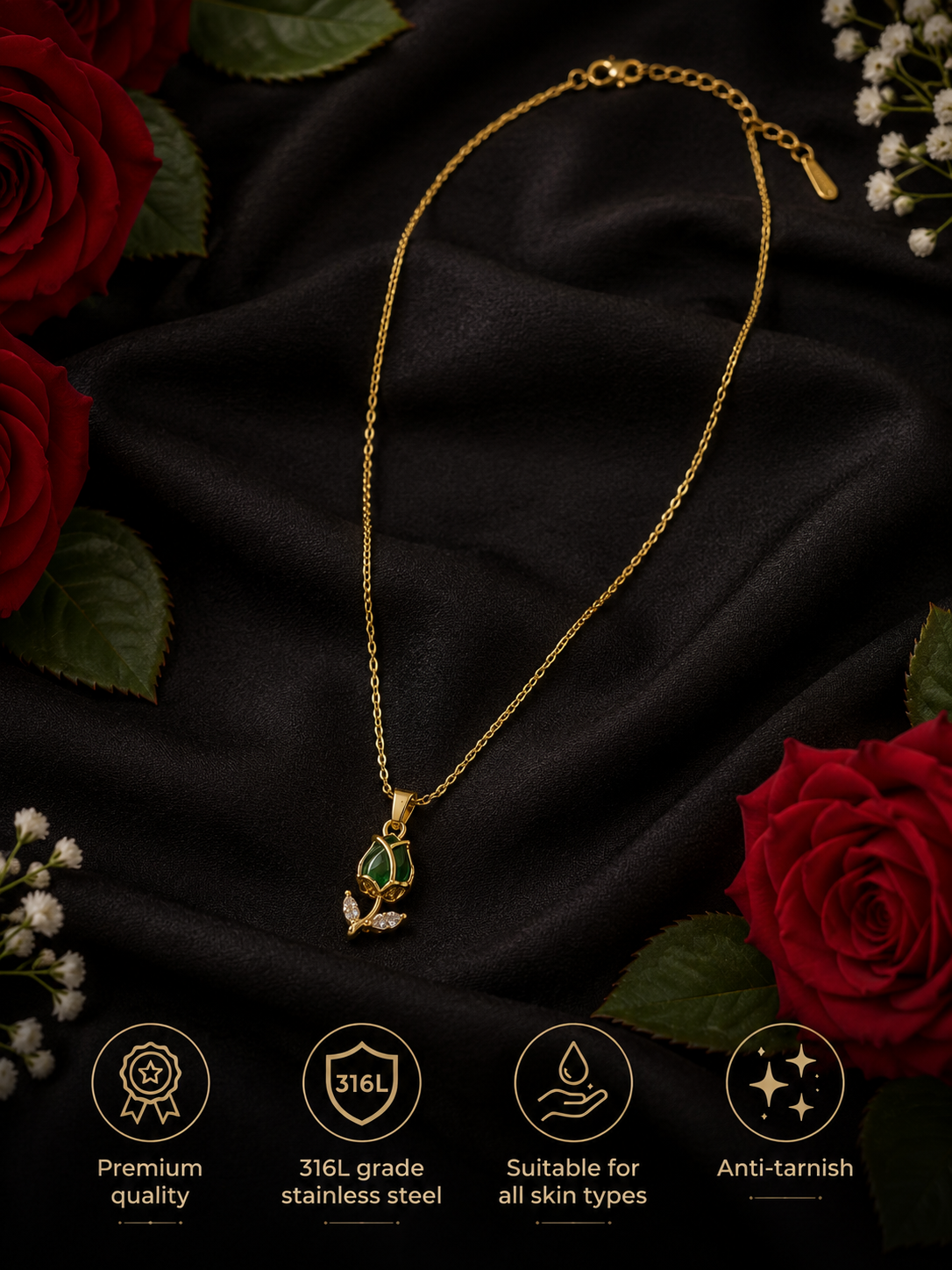 Swarique Panna Pushp Gold Rose Pendant Necklace | 316L Stainless Steel Anti-Tarnish Necklace