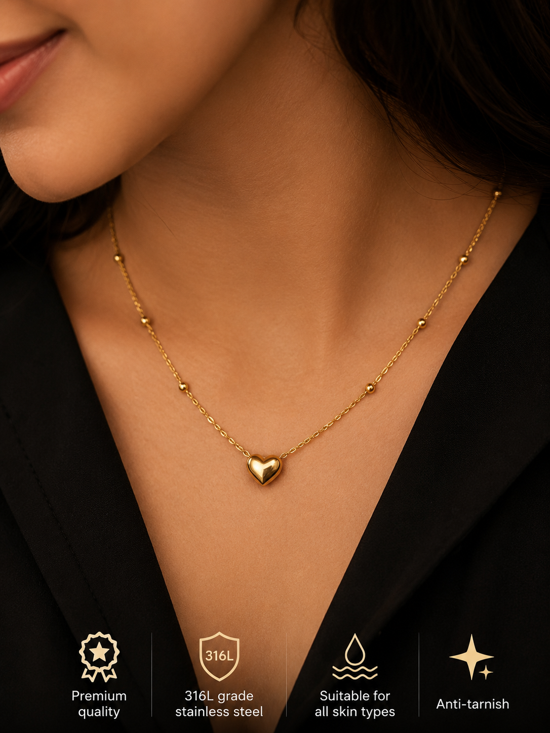 Swarique Preet Hriday Gold Heart Beaded Necklace | 316L Stainless Steel Anti-Tarnish Necklace