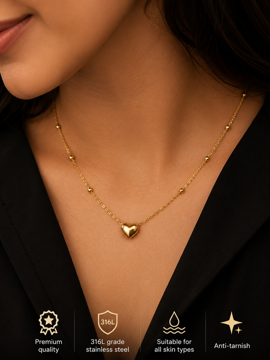 Swarique Preet Hriday Gold Heart Beaded Necklace | 316L Stainless Steel Anti-Tarnish Necklace