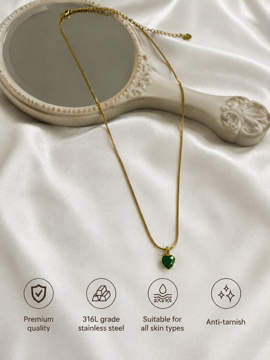 Swarique Hriday Emerald Heart Pendant Necklace | Gold Stainless Steel Anti-Tarnish Chain