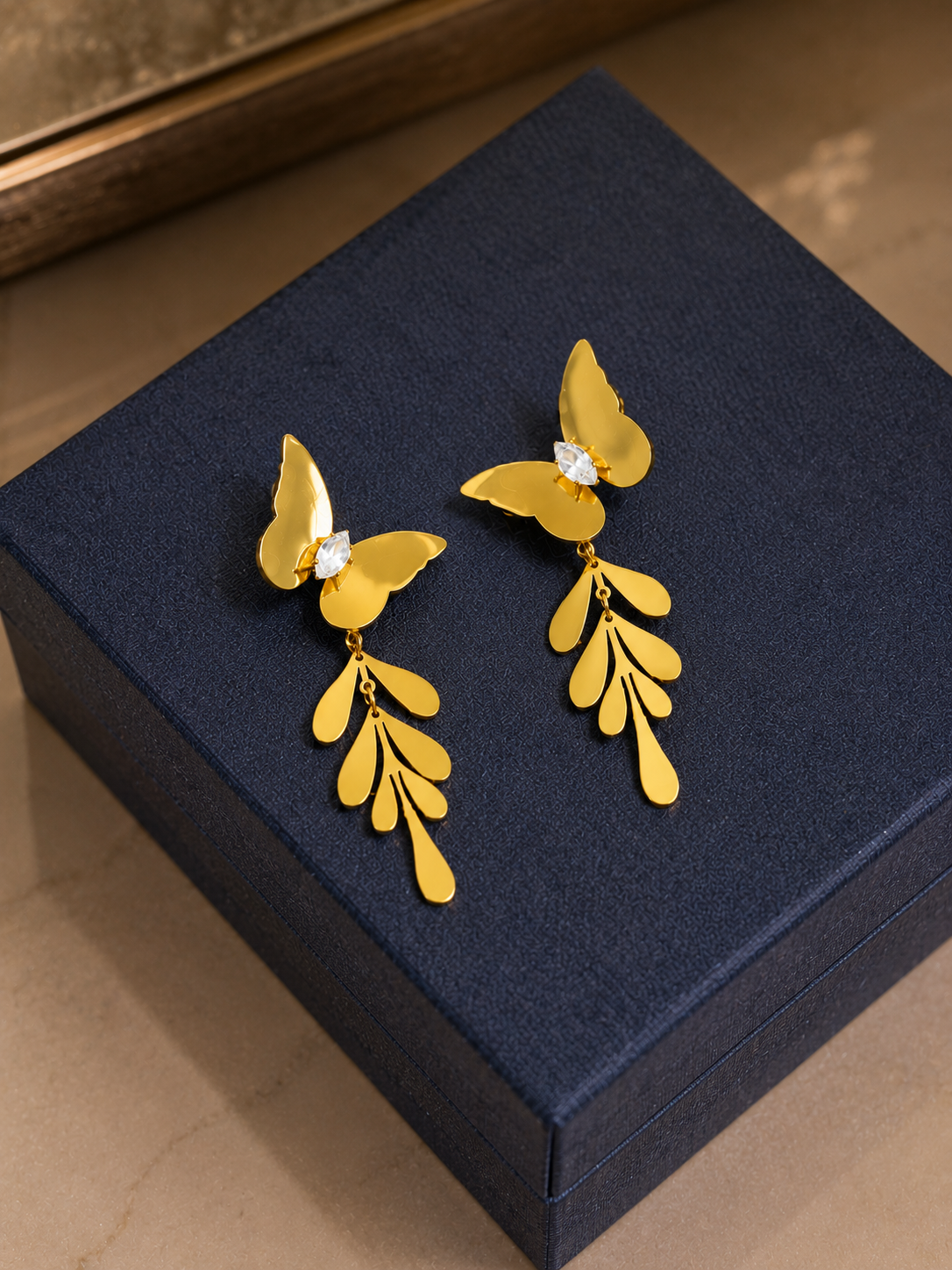 Swarique Pankhuri Butterfly Leaf Crystal Drop Earrings