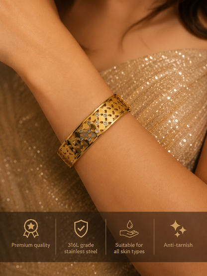 Swarique Noorjaal Crystal Gold Kada – 316L Stainless Steel