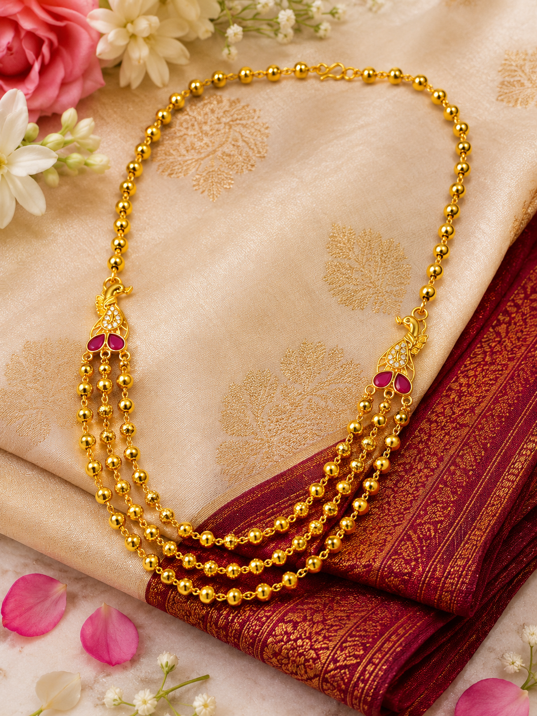 Mayurika Heritage 3 Layered Bead 1gm Gold Necklace