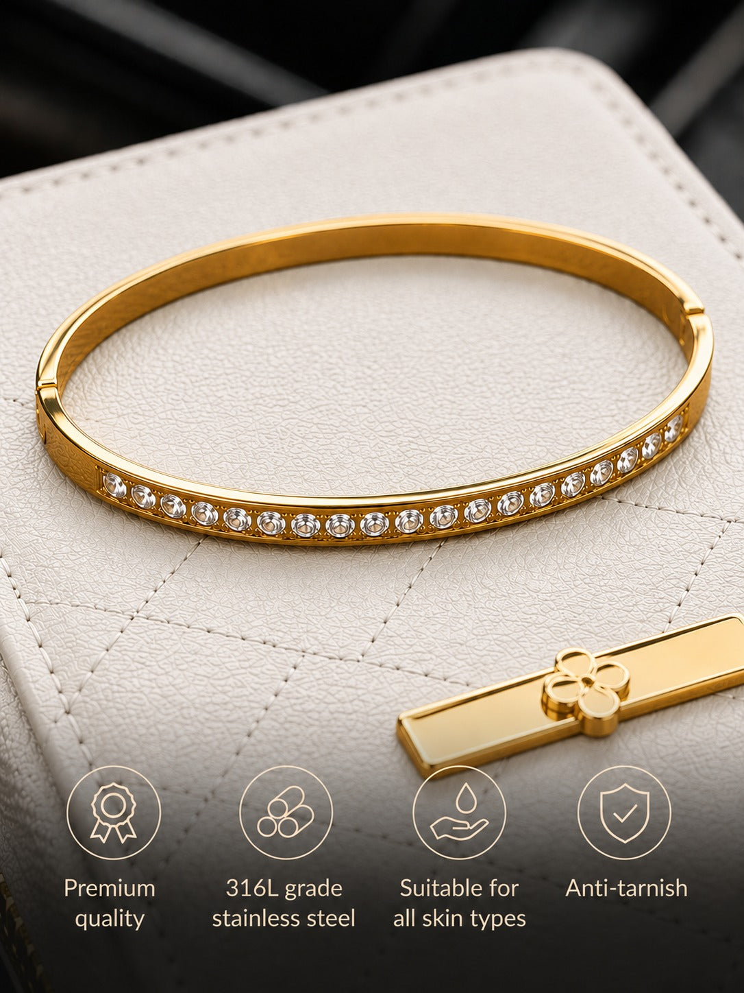 Swarique Sunehri Spark Crystal Kada | Gold Stainless Steel Bracelet | Anti-Tarnish 316L