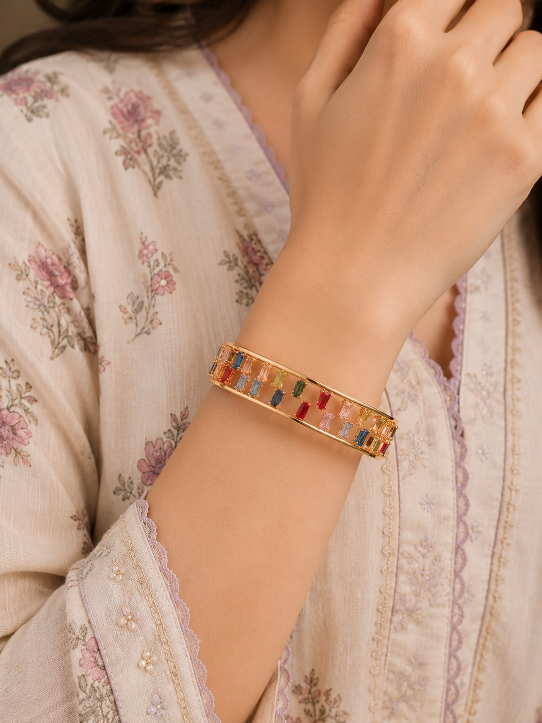 Noir Luxe Crystal Cuff Bracelet (Multicolor)