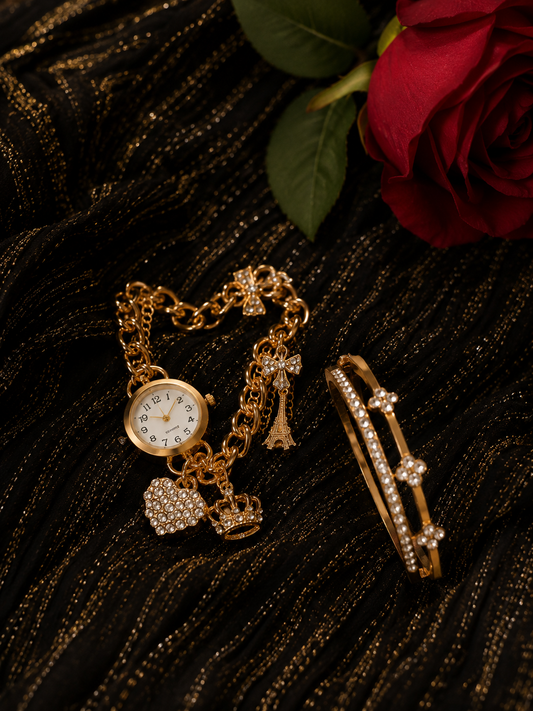 Paris Charm Watch & Crystal Bracelet Set