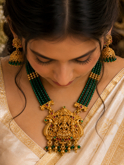 Mahalakshmi Temple Green Beaded Necklace Set
