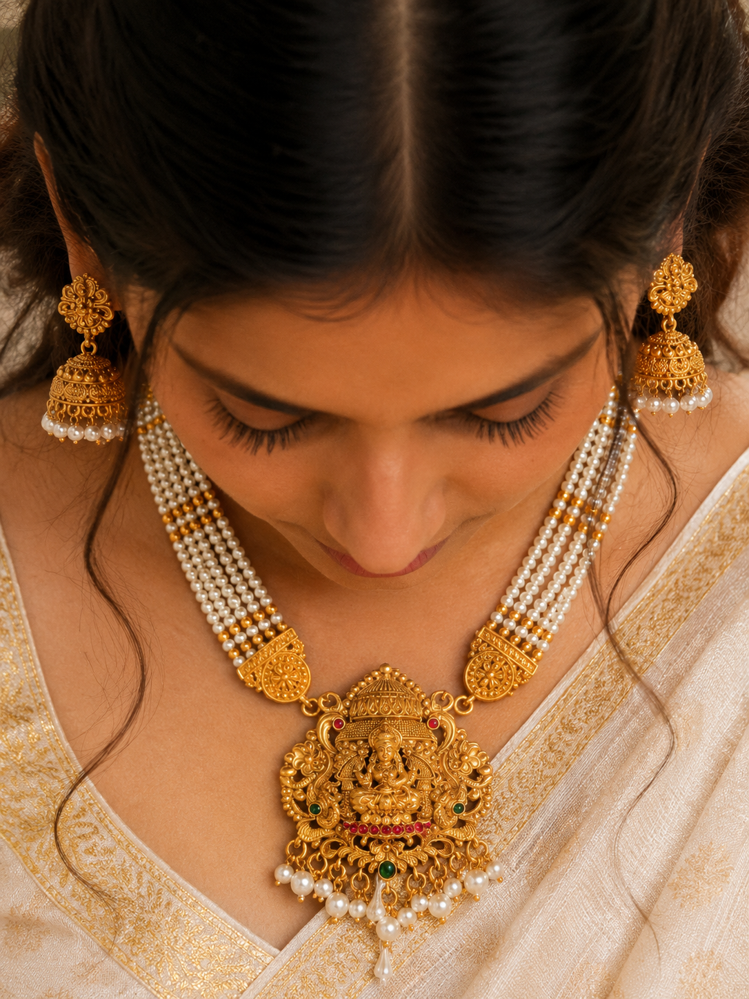 Mahalakshmi Pearl Temple Necklace Set
