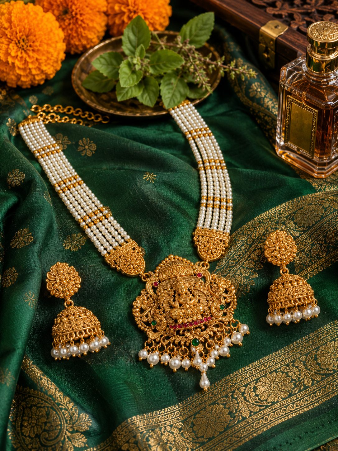 Mahalakshmi Pearl Temple Necklace Set
