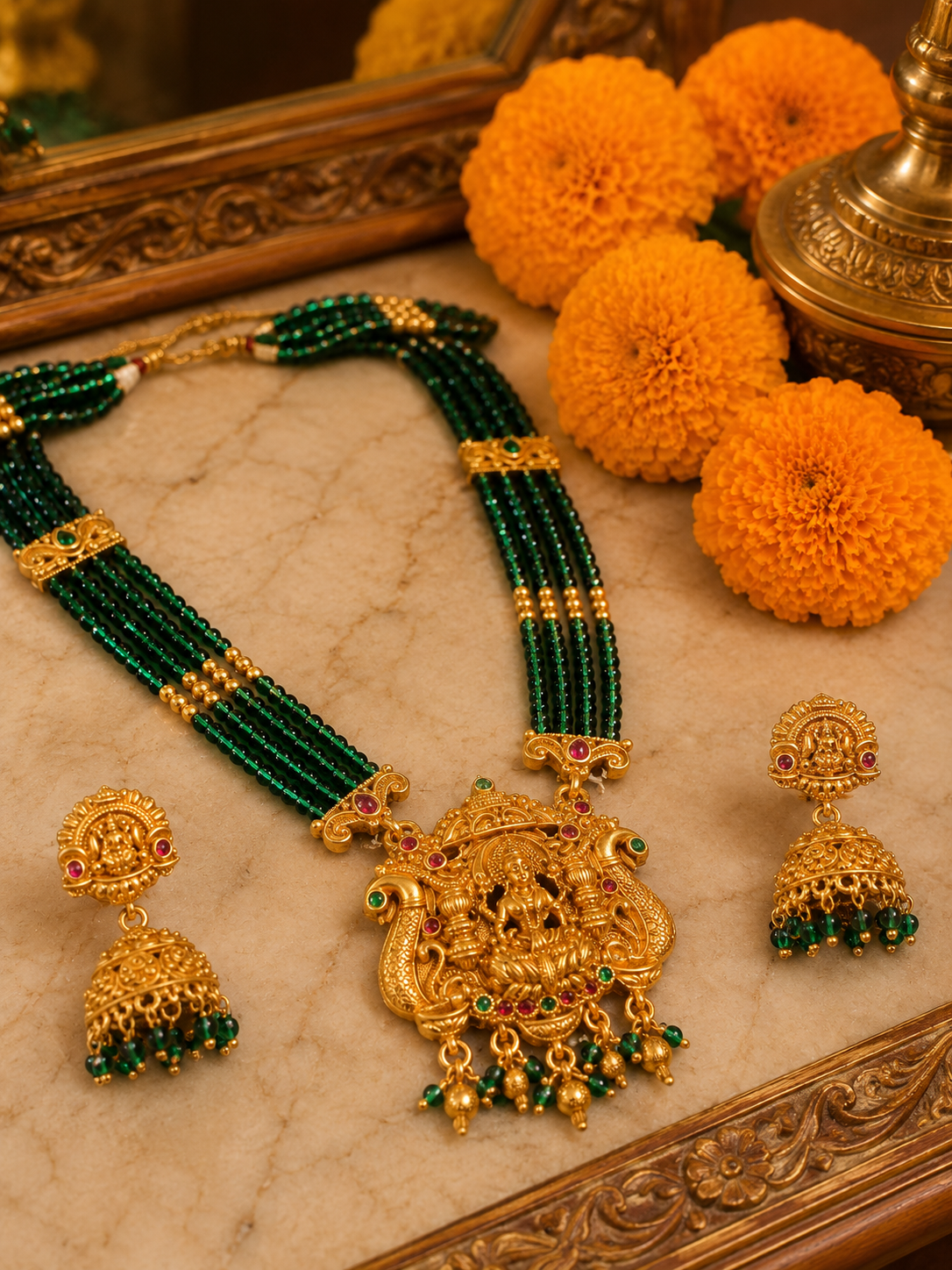 Mahalakshmi Temple Green Beaded Necklace Set