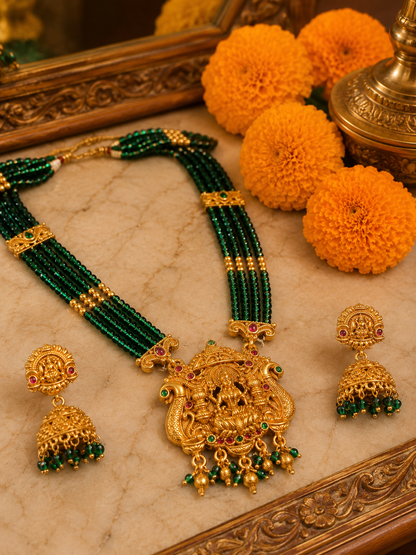 Mahalakshmi Temple Green Beaded Necklace Set