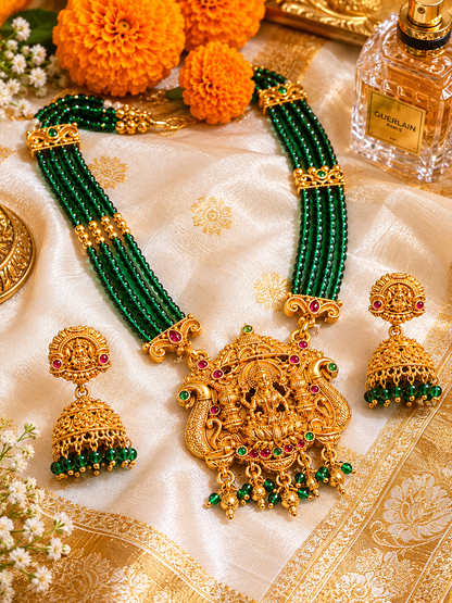 Mahalakshmi Temple Green Beaded Necklace Set