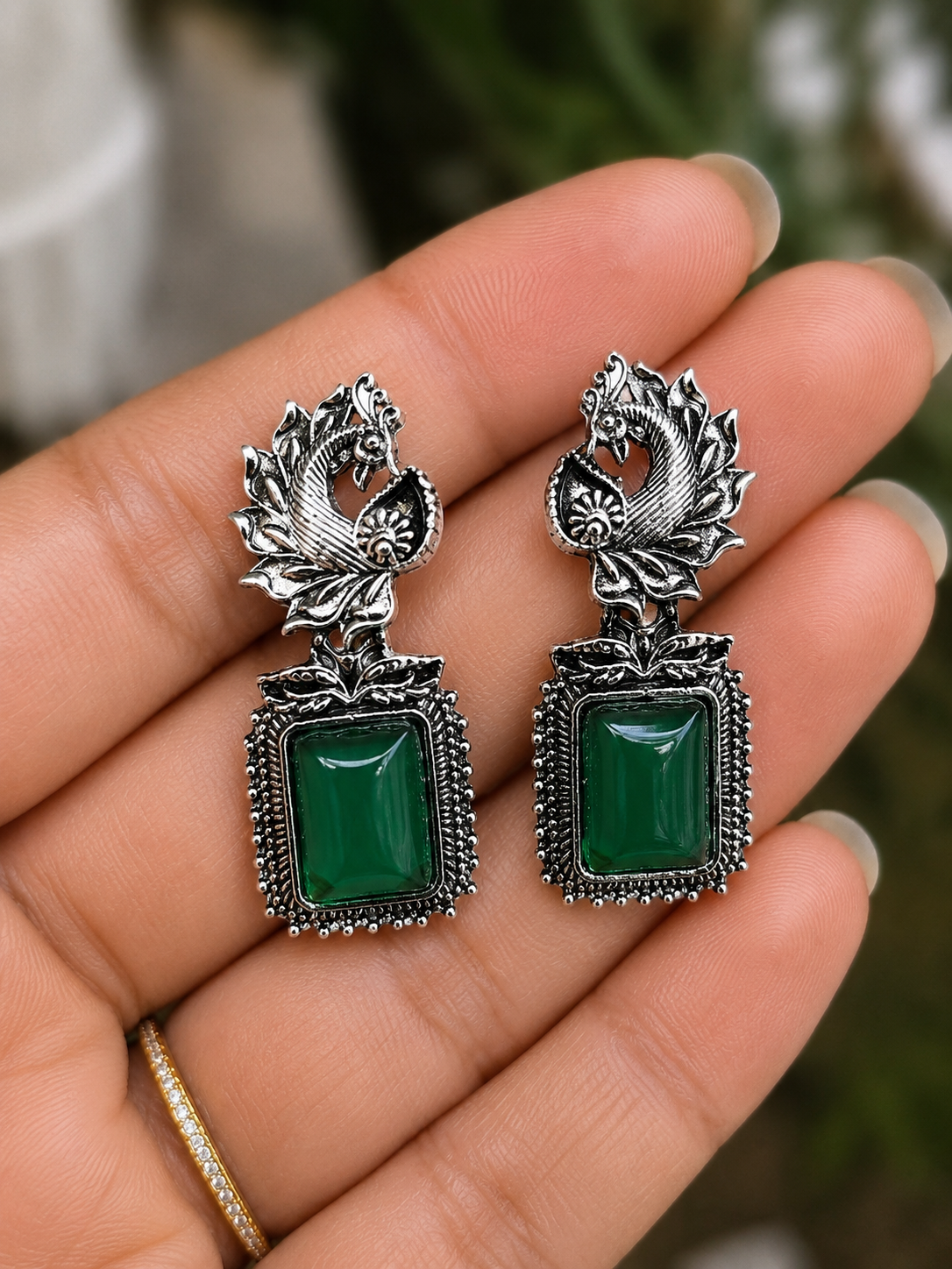 Emerald Peacock Heritage Drop Earrings