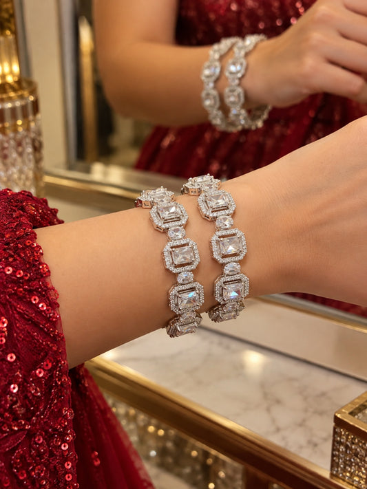 Swarique Ratnavali Rhodium Polish AD Bangle (Set of 2)